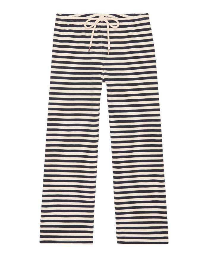 The Lap Sweatpant in Navy Sailor Stripe by THE GREAT. SP26 SEASONAL CORE features a drawstring waist and horizontal stripes, inspired by classic comfort and handcrafted in Los Angeles, shown laid flat on a white background.