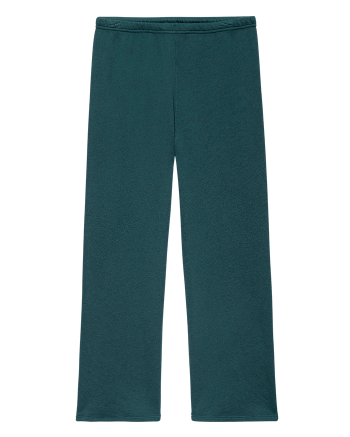 The Lap Sweatpant in Solid Dark Slate by THE GREAT. F26 SEASONAL CORE, featuring a straight-leg cut and elastic waistband reminiscent of wide cropped sweatpants, is displayed flat against a white background.