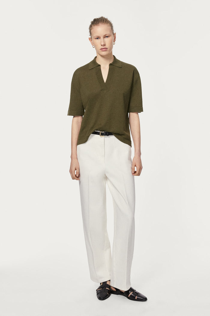 The Linen Cotton Boxy Polo - olive green