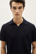 the linen cotton crochet polo blue navy