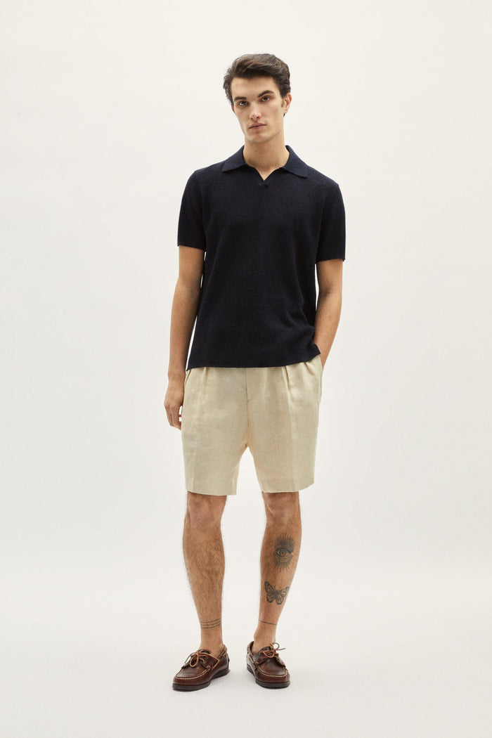 the linen cotton crochet polo blue navy