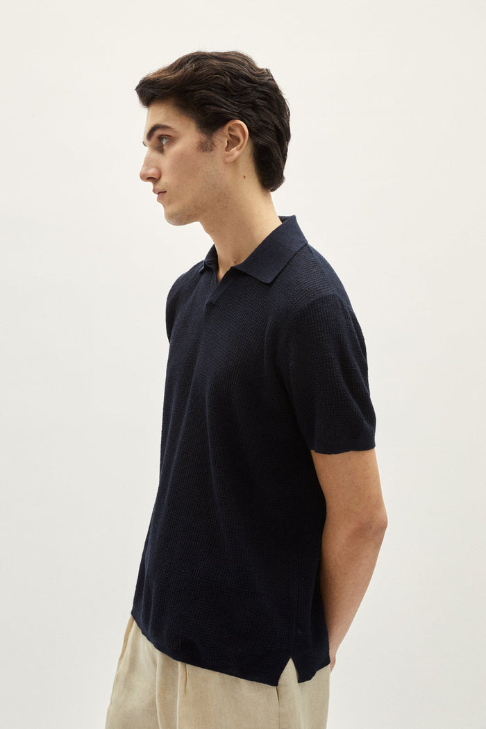 the linen cotton crochet polo blue navy