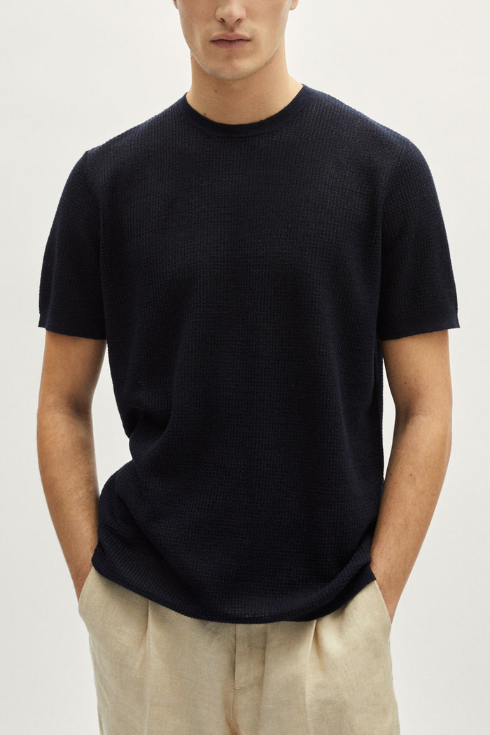 the linen cotton crochet t shirt blue navy