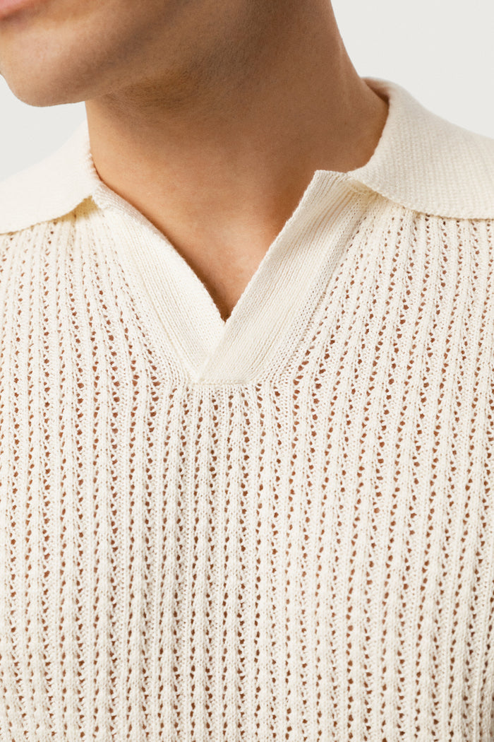 The Linen Cotton Garter Stitch Polo Milk White