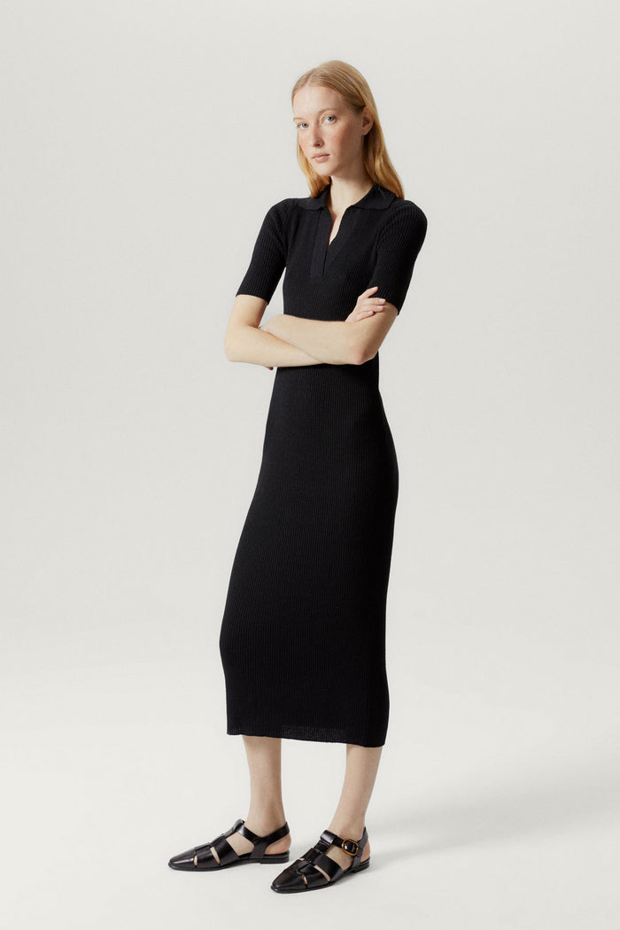 the linen cotton long polo dress black