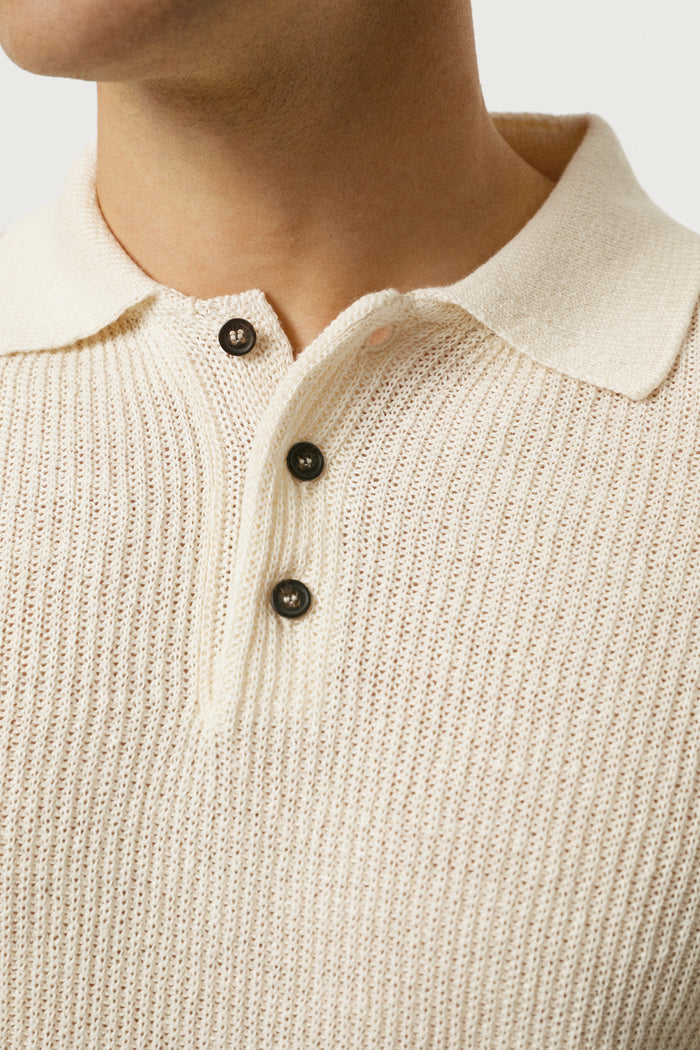 The Linen Cotton Rib-Knit Long Sleeve Polo Milk White