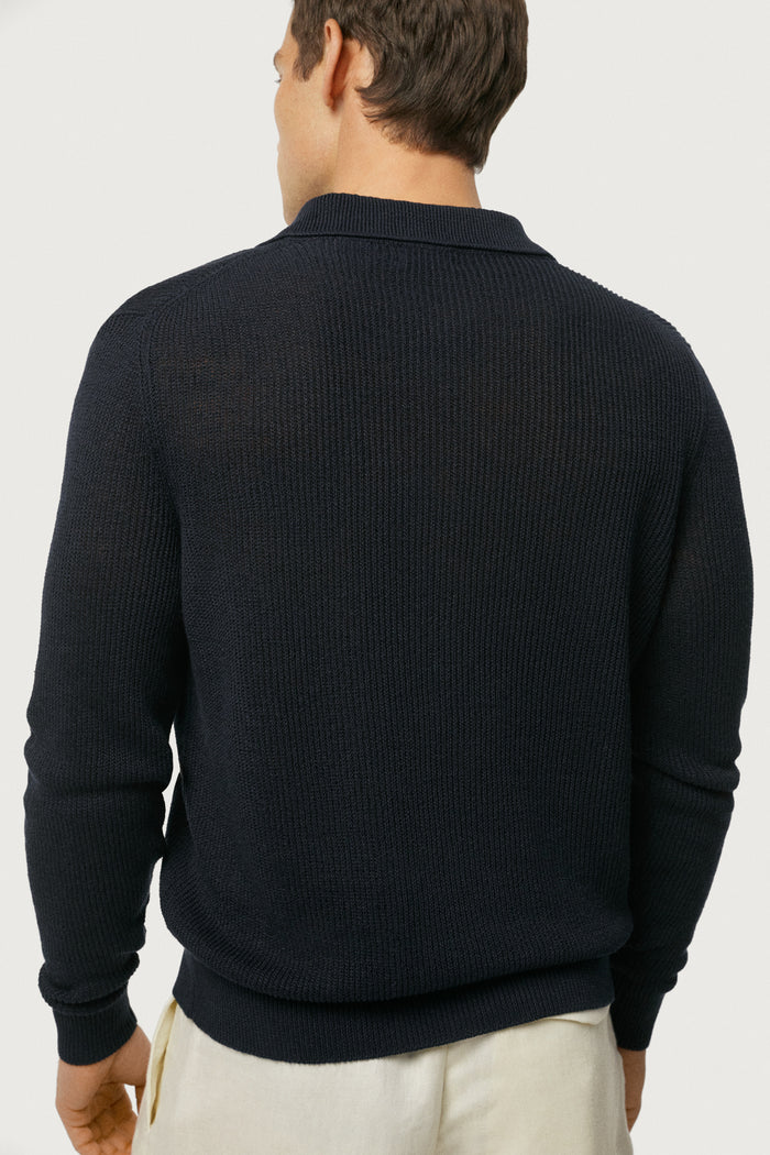The Linen Cotton Rib-Knit Long Sleeve Polo Navy Blue
