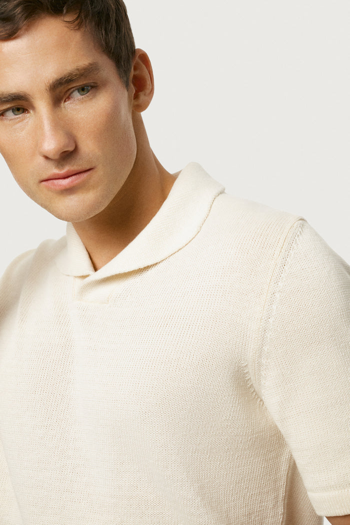The Linen Cotton Shawl Collar Polo Milk White