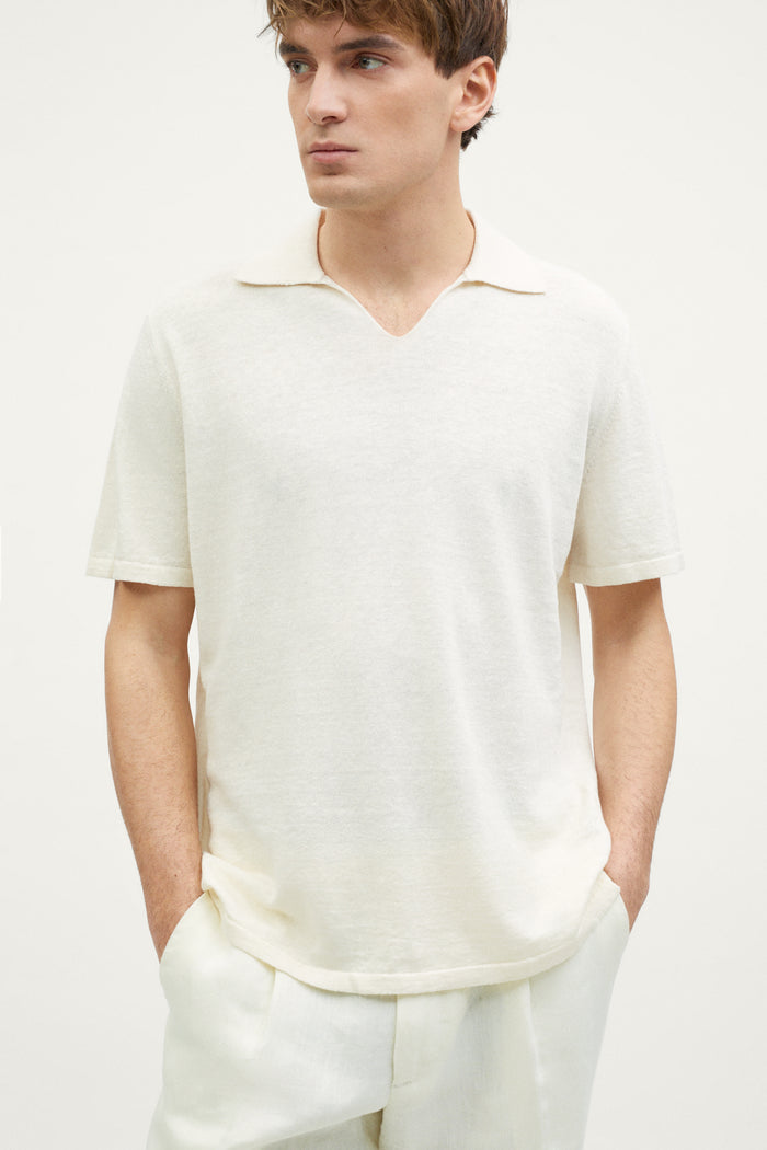 the linen cotton v neck polo milk white