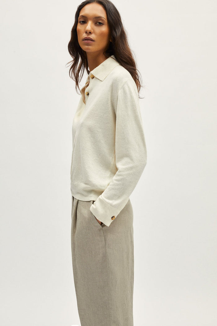 the linen cotton vintage long sleeve polo milk white