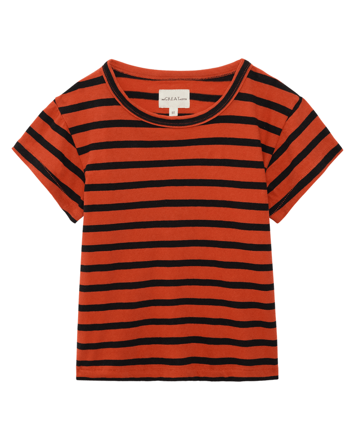 THE GREAT. F26 D1 “The Little Boxy Crew” short-sleeve t-shirt in Hot Red Naval Stripe, featuring horizontal black and orange stripes, is displayed flat on a white background.