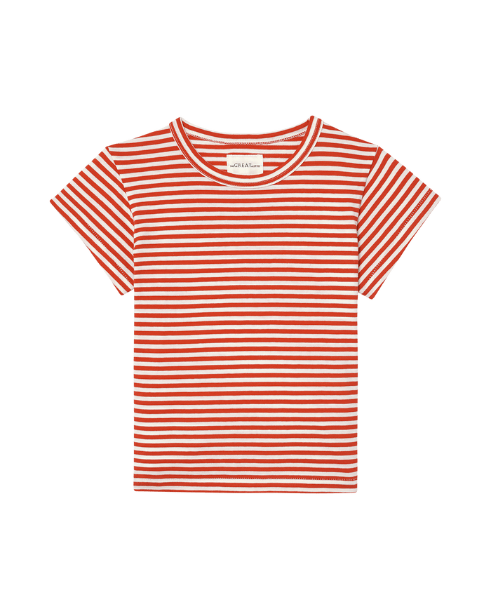 Check out the Little Boxy Crew by THE GREAT. SP25 POLO LOUNGE LITTLE: a short-sleeve, crew-neck T-shirt with vibrant Sun Cherry Stripe in red and white.