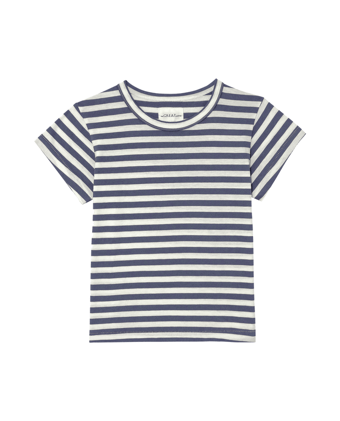 The Little Boxy Crew by THE GREAT. SP25 POLO LOUNGE LITTLE, in Novelty -- Vintage Blue Stripe, features a short-sleeved T-shirt with a round neckline laid flat against a plain backdrop.