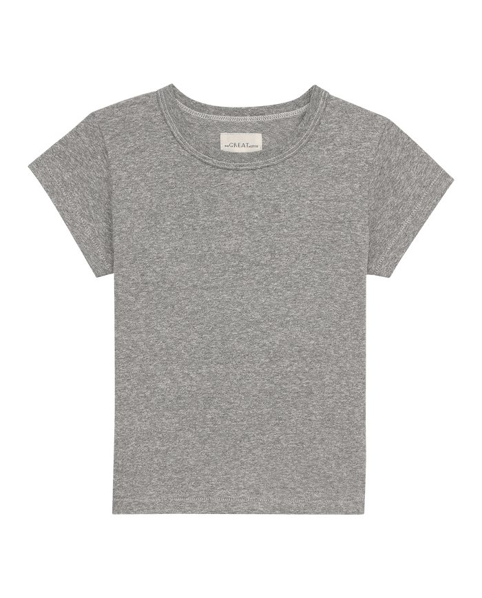 The Little Boxy Crew by THE GREAT. LITTLE is a heather grey, short-sleeve t-shirt featuring angled sleeves, a round neckline, and an inside back collar label for a vintage touch.
