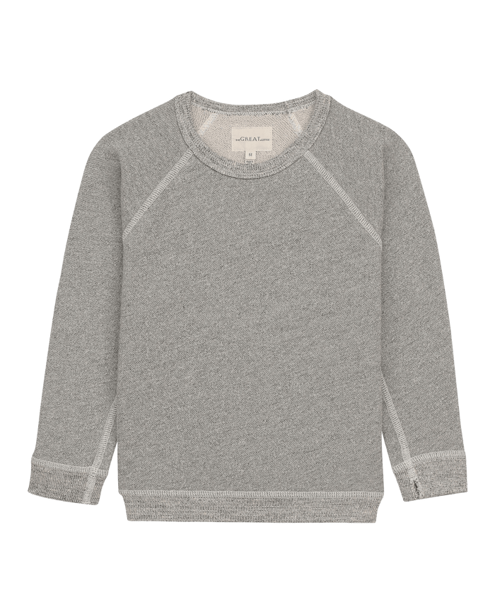 The Little College Sweatshirt in Varsity Grey by THE GREAT. FALL21 D2 LITTLE, crafted from soft cotton with visible stitching and a simple design, lays flat against a plain background. Made in the U.S.A., it combines comfort and style for any casual day out.