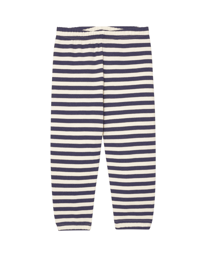 The Little Stadium Sweatpant by THE GREAT. SP25 POLO LOUNGE LITTLE features navy sailor stripes and an elastic waistband on a plain background.