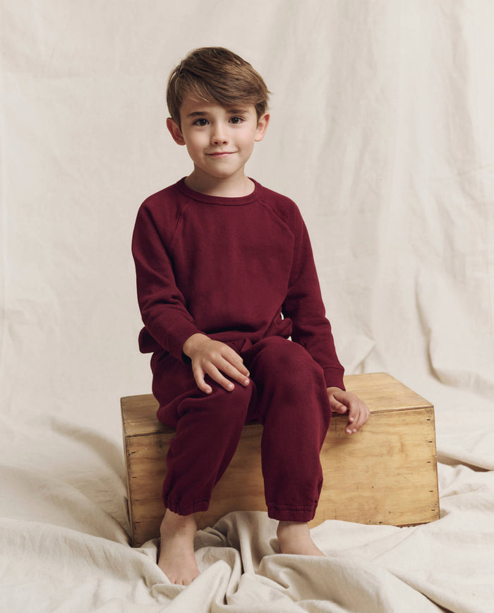 A young boy in a plum outfit, featuring The Little Stadium Sweatpant by THE GREAT. HOL 24 LITTLE for ultimate comfort sportswear, sits on a wooden box against a beige fabric backdrop.