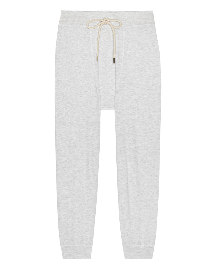 The Long John in Heather Grey by THE GREAT. H25 SLEEP features an elastic waistband, beige drawstring, and cuffed ankles—perfect as a men’s base layer or a modern update to classic long johns.