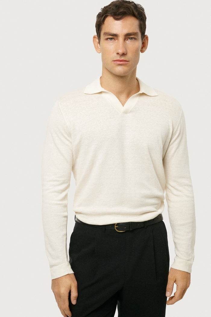 The Long-Sleeve Linen Cotton Polo Milk White