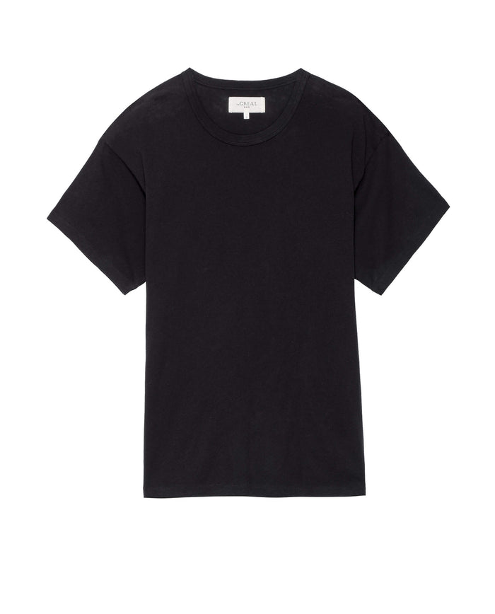 A timeless addition to any wardrobe, The Men's Boxy Crew in Almost Black by THE GREAT. MAN is the ideal cotton short-sleeve T-shirt with a crew neckline, beautifully showcased against a white background.
