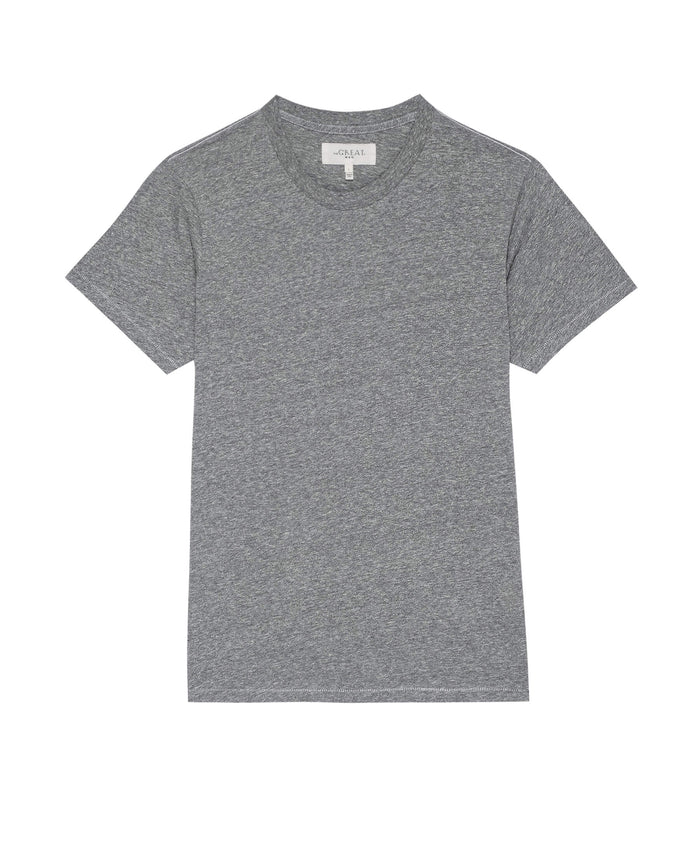 A classic staple, The Men's Boxy Crew in HEATHER GREY by THE GREAT. MAN is a plain gray crew neck cotton tee with short sleeves, made in the U.S.A., displayed against a white background.