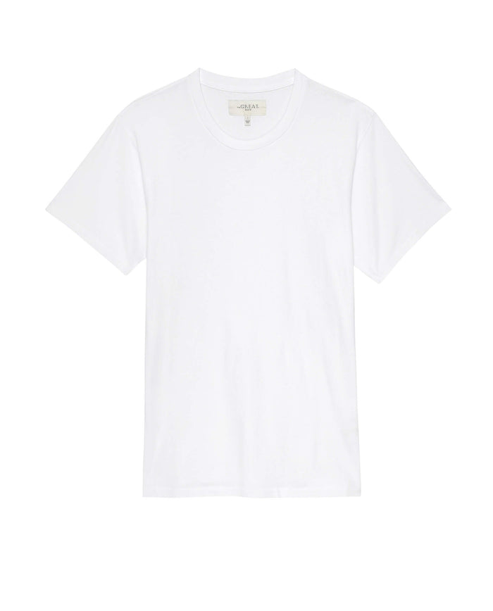 The Men's Boxy Crew in TRUE WHITE by THE GREAT. MAN, a plain white short-sleeve cotton tee that's effortlessly cool and a classic staple, is displayed against a white background.