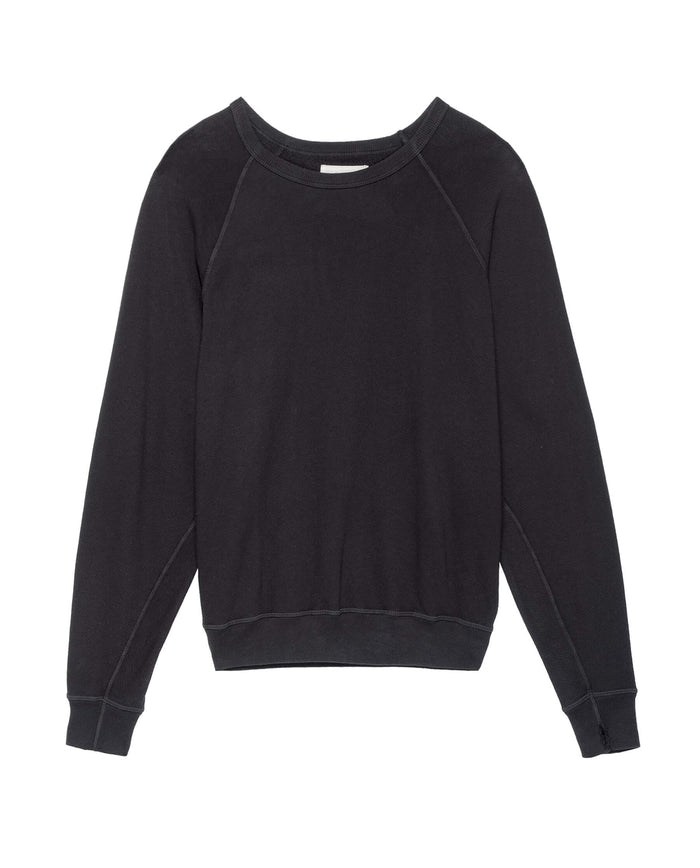 A vintage men's long-sleeve sweatshirt, The Men's College Sweatshirt - ALMOST BLACK by THE GREAT. MAN, featuring ribbed cuffs and a crew neckline, is displayed on a white background.