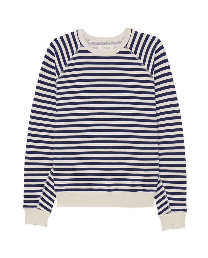The Men's College Sweatshirt by THE GREAT. SP25 POLO LOUNGE MEN features a navy sailor stripe design with ribbed cuffs and neckline, displayed flat on a plain background.