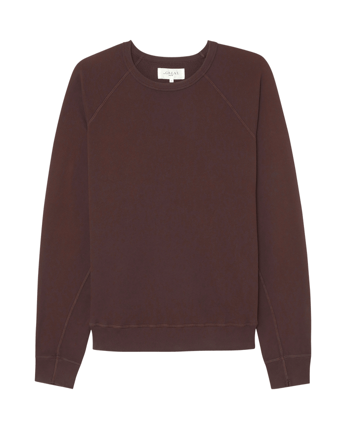 The Men's College Sweatshirt by THE GREAT. F25 MENS in Driftwood—a comfortable, long-sleeve, crew neck vintage style—is shown laid flat on a white background.