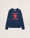 True Navy “The Mens College Sweatshirt w/ Growling Panther Graphic” by THE GREAT. F26 D1, featuring bold red “THE GREAT PANTHERS” text and a striking red panther graphic on the front. Crafted from soft French Terry and displayed flat against a neutral background.