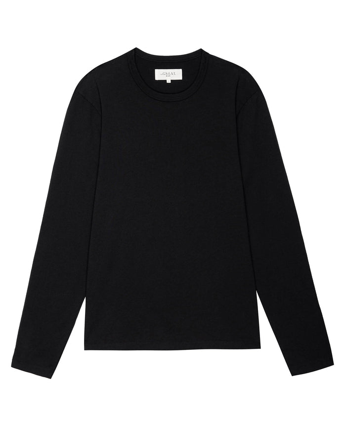 A Men's Pure Knits Long Sleeve Slim Crew shirt in Almost Black, crafted from 100% cotton heavy-weight fabric by THE GREAT. FALL 23 MEN, displayed on a white background.