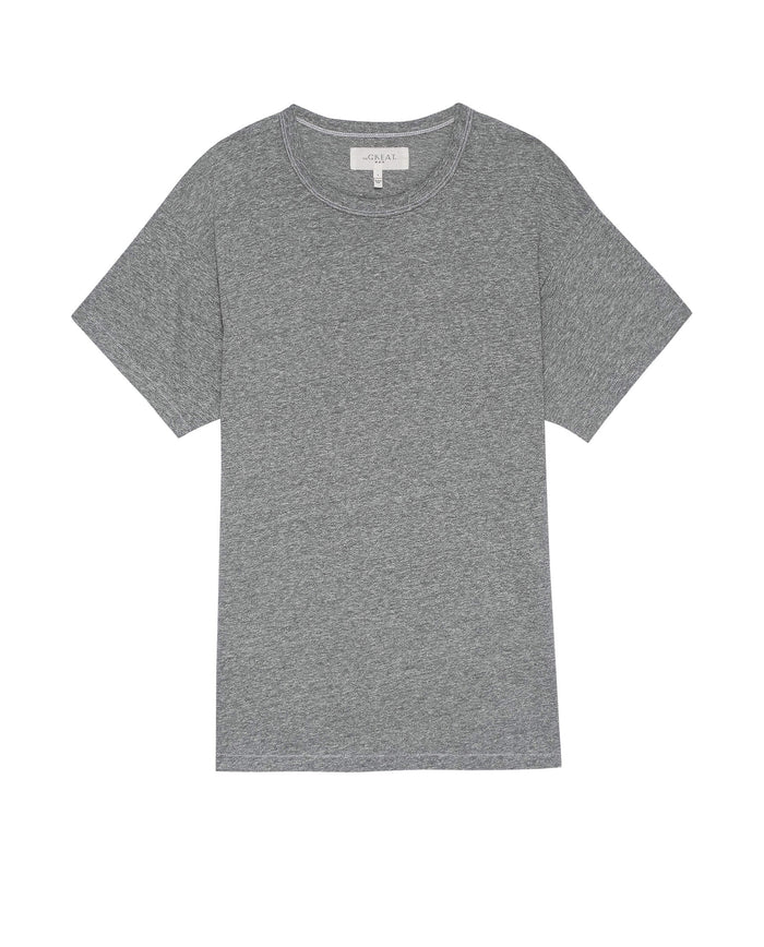 The Men's Slim Tee in Heather Grey by THE GREAT. MAN, made in the USA, lies flat on a white background.