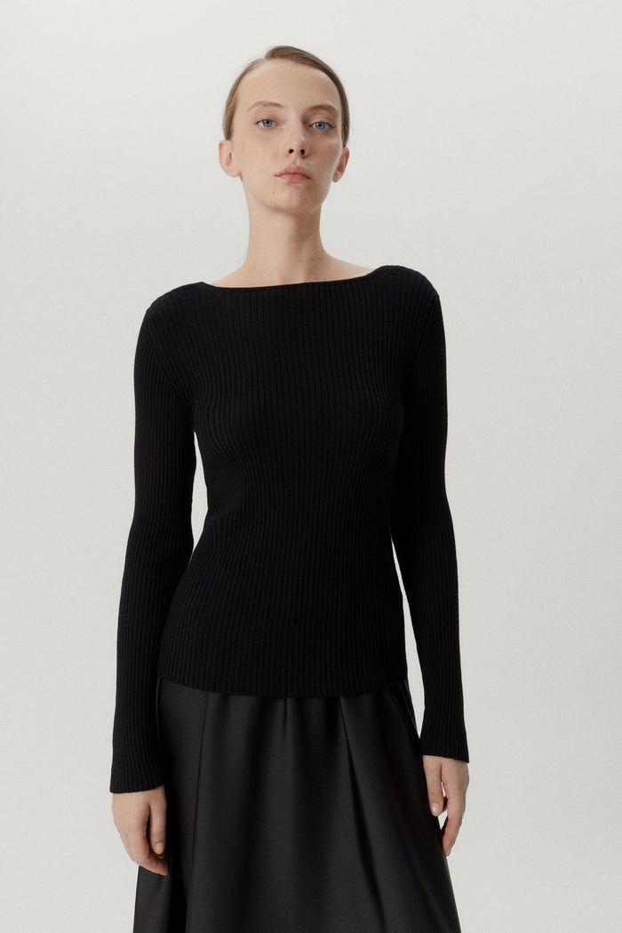 the merino wool back neckline top black