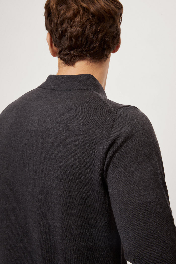Man wearing a dark gray merino polo and black pants on a white background