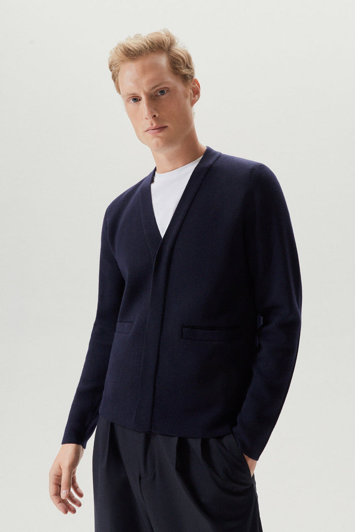 the merino wool shawl cardigan oxford blue