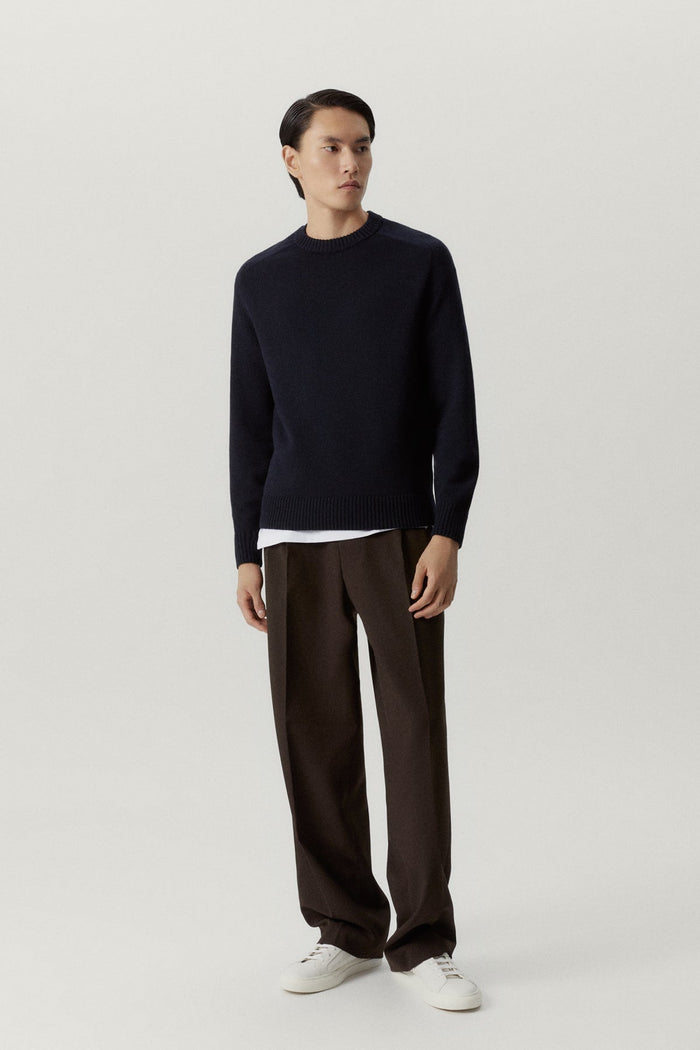 the merino wool saddle shoulder sweater oxford blue