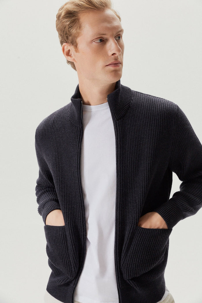 the merino wool zipped cardigan anthracite