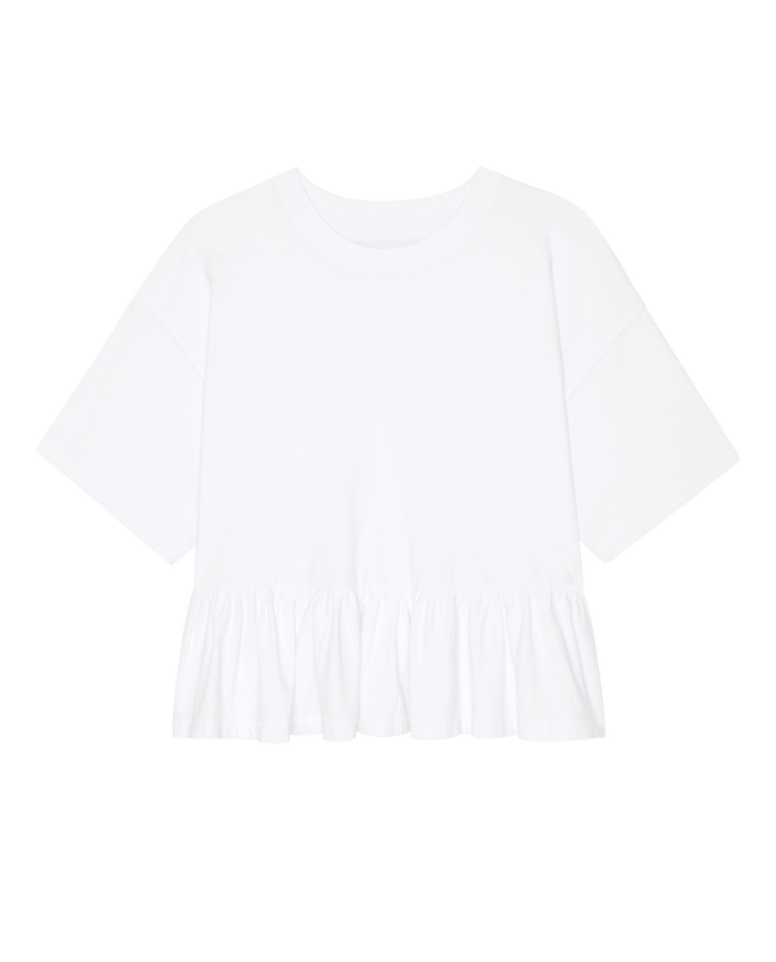 The Oversized Ruffle Peplum Tee in True White by THE GREAT. SP26 DANCER BODIES features short sleeves, a round neckline, soft jersey fabric, and a gathered peplum hem, shown on a plain background.