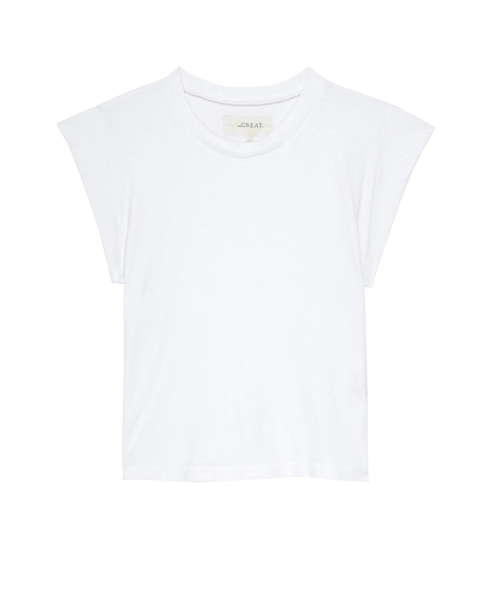 A plain white "The Peak Shoulder Tee - True White" by THE GREAT. FALL 22 KNITS with a classic crewneck fit, laid flat against a white background.