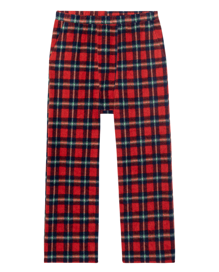The Plush Fleece Pajama Pant in Cedarwoods Plaid by THE GREAT. H25 SLEEP features red, black, and green plaid with an elastic waistband, shown laid flat on a white background.