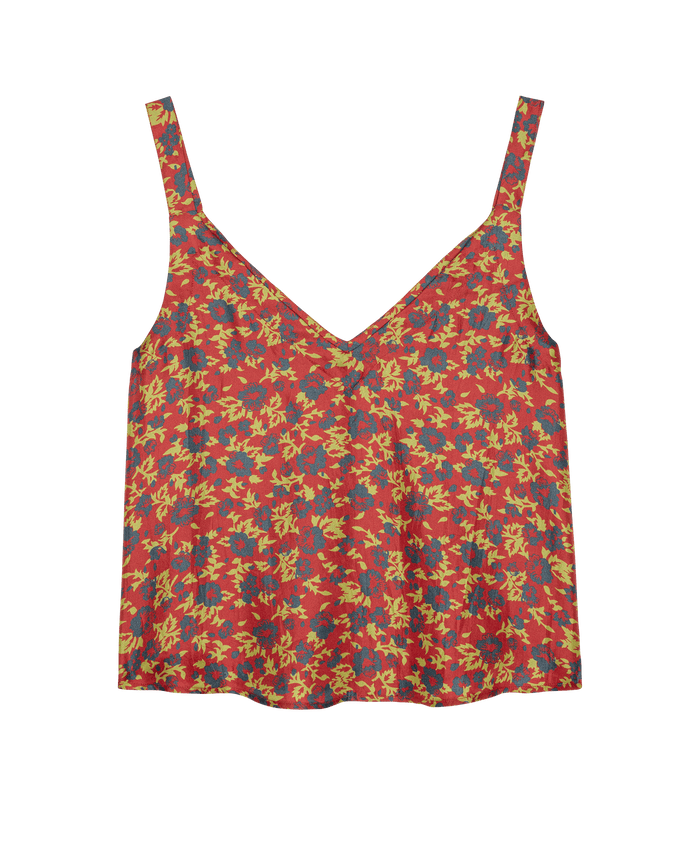 Sleeveless Gilded Poppy "The Port Cami" top by THE GREAT. F26 D1, featuring a red base with yellow and blue floral print, V-neckline, and straight hem, displayed against a white background.