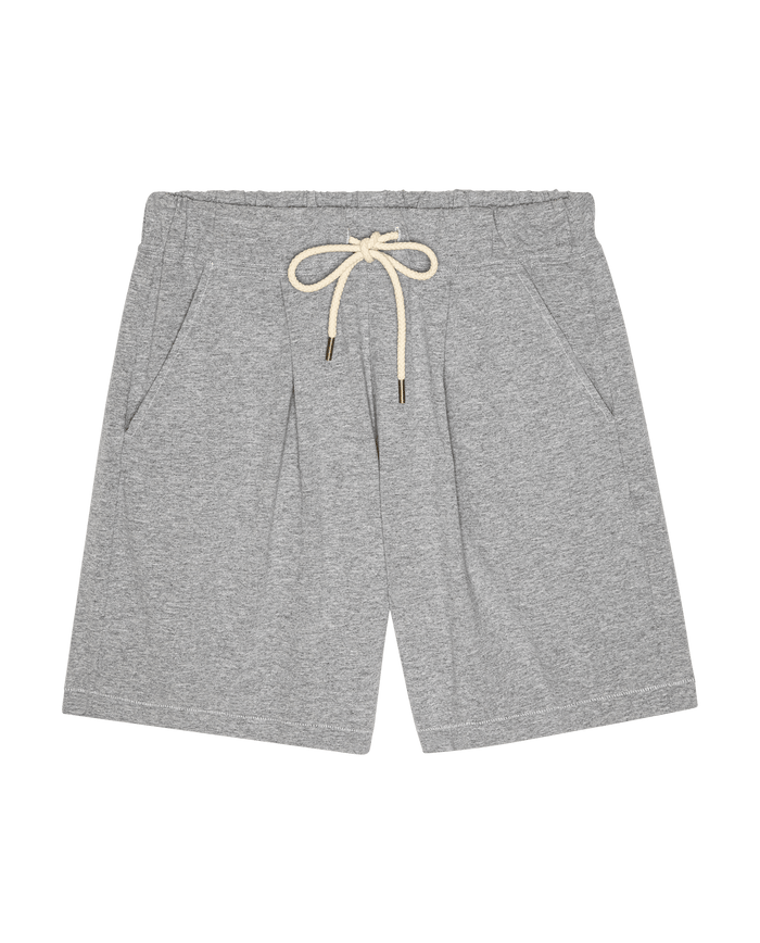 The Relaxed Sport Short in Heather Grey by THE GREAT. SP26 DANCER BODIES features a wide leg, elastic waistband, beige drawstring, and side pockets. Handcrafted in Los Angeles from heavyweight jersey. Shown laid flat on a white background.