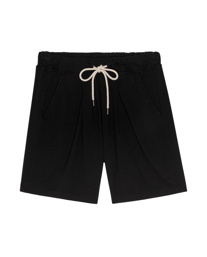 THE GREAT. SP26 DANCER BODIES The Relaxed Sport Short in True Black: crafted from heavyweight jersey with an elastic waistband, white drawstring, and front pockets. Handcrafted in Los Angeles for a relaxed fit; shown flat on a white background.
