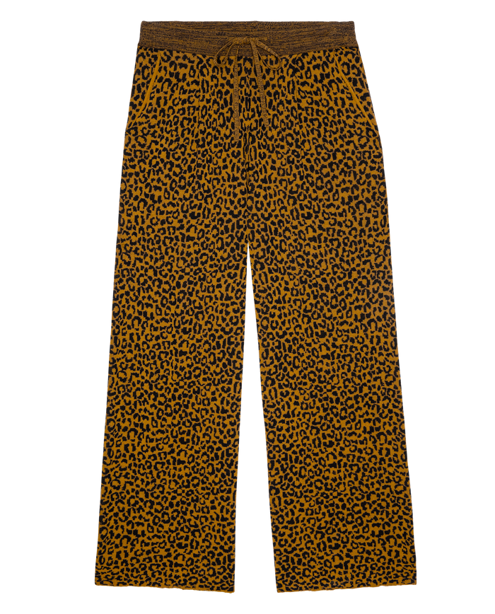 The Relaxed Trouser Pant – Leopard by THE GREAT. SP26 D1 features a wide-leg relaxed fit, brown and black leopard print, and an elastic waistband with a drawstring closure, shown laid flat on a white background.