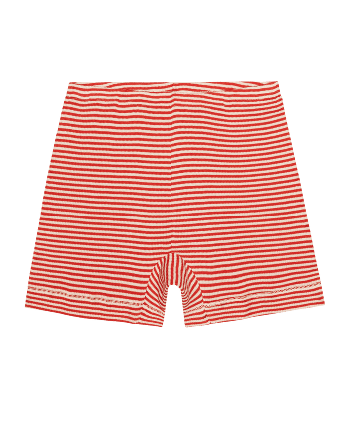 The GREAT. SU26 Relay Short in Pimento Stripe, featuring red and white horizontal stripes, shown laid flat on a white background.