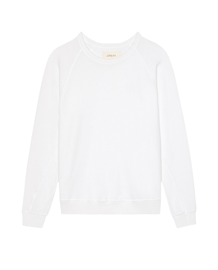 The Rookie Sweatshirt in Solid True White by SP26 New Knits, a classic plain long-sleeve crewneck casual pullover, laid flat on a white background.