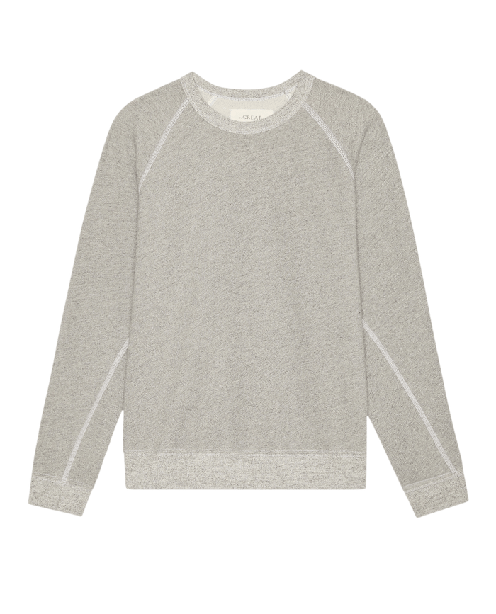 The SP26 New Knits "The Rookie Sweatshirt" in Varsity Grey features visible seams and long sleeves, shown laid flat on a white background.