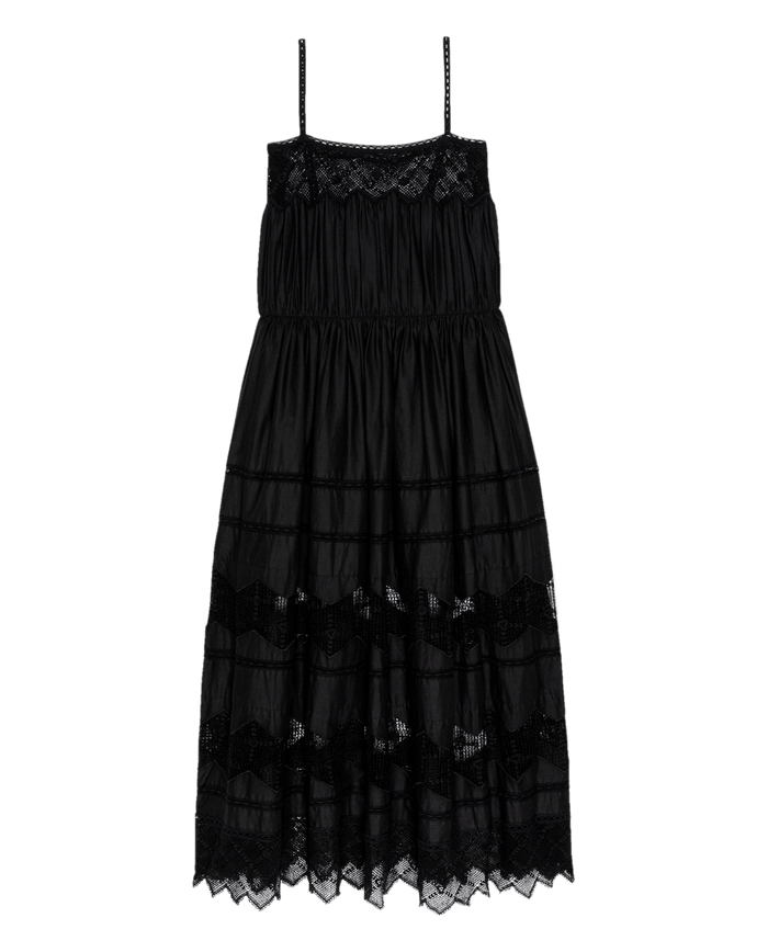 The Rosette Crochet Dress by THE GREAT. (Black) features a sleeveless midi cotton design with thin straps, Victorian-inspired lace on the bodice and hem, and a gathered waist.