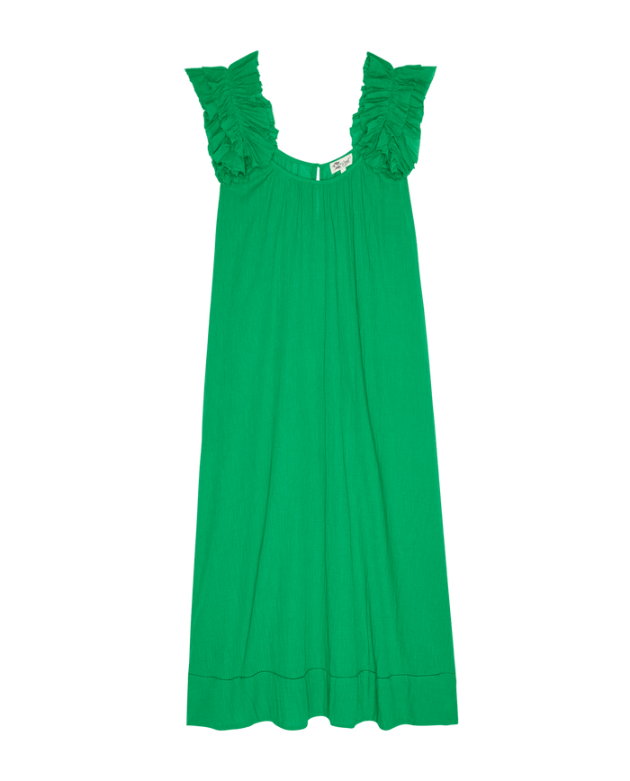 The Ruffle Coverup in Bright Sprig by THE GREAT. SP26 SWIM is a green sleeveless beach dress with ruffled shoulders and a loose fit, perfect as a stylish swim cover-up, shown on a white background.
