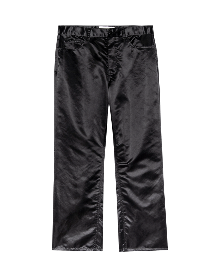 The Satin Wayne in black by THE GREAT. H25 COLLECTION: luxury straight-leg satin pants featuring belt loops, front pockets, and a button closure, shown on a white background.
